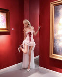 White and red satin lace tube top with short front and long back homecoming dress HZ1022
