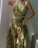 Vintage Green Printed Halter Neck Irregular Hem Homecoming Dress HZ1022