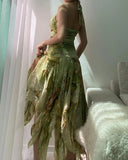 Vintage Green Printed Halter Neck Irregular Hem Homecoming Dress HZ1022