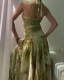 Vintage Green Printed Halter Neck Irregular Hem Homecoming Dress HZ1022