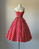 Red polka dot strapless off-shoulder A-line homecoming dress HZ1022