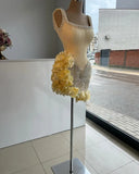 Princess Light Yellow Pearl Straps Beaded 3D Flower Skirt Short Homecoming Dress HZ1022