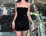 Sexy hot girl black tube top sequin hip-hugging mini homecoming dress HZ1022