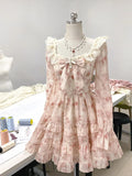 Girls Pink Square Neck Long Sleeve Printed Chiffon A-Line Homecoming Dress HZ1022