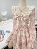 Girls Pink Square Neck Long Sleeve Printed Chiffon A-Line Homecoming Dress HZ1022