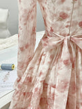 Girls Pink Square Neck Long Sleeve Printed Chiffon A-Line Homecoming Dress HZ1022