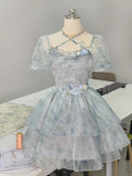 Girly Haze Blue Skirt Printed Shimmer Sparkling Mini Homecoming Dress HZ1022