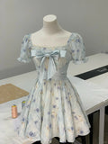 Light blue square neck rose print bow short sleeve homecoming dress HZ1022