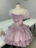 Charming Purple Short Sleeve Tulle A-Line Homecoming Dress HZ1022