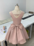 Elegant Pink Bow Satin A-Line Sleeveless Homecoming Dress HZ1022