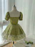 Vintage Emerald Green Short Sleeve Waisted A-Line Homecoming Dress HZ1022