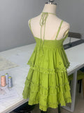 Fresh Green Floral Embroidery Smocked Lace Homecoming Dress HZ1022