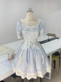 Princess light blue square neck short sleeves lace homecoming dress HZ1022