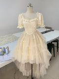 Princess light yellow puff sleeves heavy bow tail homecoming dress HZ1022