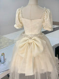 Princess light yellow puff sleeves heavy bow tail homecoming dress HZ1022