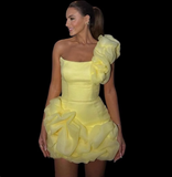 Sexy Yellow One Shoulder Hip-hugging Flower Bud Skirt Mini Homecoming Dress HZ1022