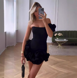 Lightweight black one-shoulder pleated slim homecoming dress HZ1022