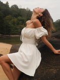 Simple tie waist puff sleeves one shoulder mini homecoming dress HZ1022