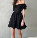 Simple tie waist puff sleeves one shoulder mini homecoming dress HZ1022