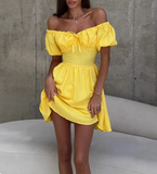 Simple tie waist puff sleeves one shoulder mini homecoming dress HZ1022