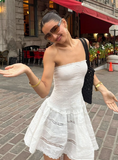 Cute White Strapless A-Line Bow Lace Homecoming Dress HZ1022