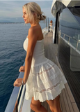 Cute White Strapless A-Line Bow Lace Homecoming Dress HZ1022
