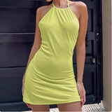 Sexy halterneck sleeveless yellow green backpack hip-revealing homecoming dress HZ1022