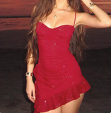 Shiny Ruffle Irregular Strap Sequined Mini Homecoming Dress HZ1022