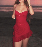 Shiny Ruffle Irregular Strap Sequined Mini Homecoming Dress HZ1022