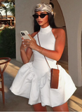 Simple halterneck sleeveless backless puffy homecoming dress HZ1022