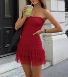 Sexy one-shoulder tube top elastic slim mesh splicing oblique hem homecoming dress HZ1022