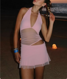 Sexy hot girl hollow mesh splicing deep V-neck strap halter neck backless homecoming dress HZ1022
