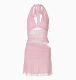 Sexy hot girl hollow mesh splicing deep V-neck strap halter neck backless homecoming dress HZ1022