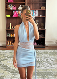 Sexy Deep V Neck Lace Halter Ribbon Hip Birthday Party Dress HZ1022