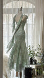 Flowy Light Green Strap Mermaid Chiffon Beaded Prom Dress HZ1022