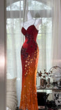 Vintage Orange Chiffon Strap Mermaid Beaded Evening Gown Prom Dress HZ1022