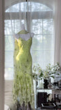 Shiny Green Beaded Straps Chiffon Irregular Skirt Prom Dress HZ1022