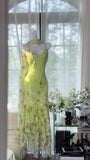 Shiny Green Beaded Straps Chiffon Irregular Skirt Prom Dress HZ1022