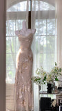 Elegant Light Pink Chiffon Printed Mermaid Evening Gown Prom Dress HZ1022