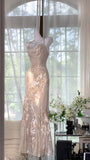 Elegant Light Pink Chiffon Printed Mermaid Evening Gown Prom Dress HZ1022