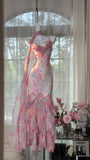 Flowy pink printed chiffon multi-layered skirt mermaid evening gown Prom Dress HZ1022