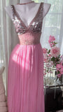 Vintage Beaded V-Neck Sequined Chiffon Backless Prom Dress HZ1022