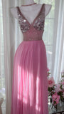 Vintage Beaded V-Neck Sequined Chiffon Backless Prom Dress HZ1022