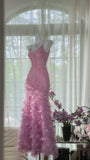Vintage Pink V-Neck Beaded Mermaid Petal Skirt Prom Dress HZ1022
