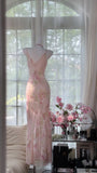 Elegant Printed Pink Chiffon Mermaid Evening Gown Prom Dress HZ1022