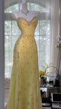 Flowy Yellow Spaghetti Strap Chiffon Beaded Mermaid Evening Gown Prom Dress HZ1022