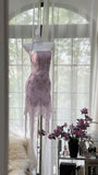 Sexy Purple Lace Tube Top Beaded Earrings Curled Skirt Prom Dress HZ1022