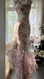 Flowing Chiffon Sequin Print Pink Irregular Skirt Prom Dress HZ1022