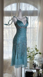 Elegant Blue V-Neck Beaded Tassel Chiffon Prom Dress HZ1022