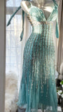 Elegant Blue V-Neck Beaded Tassel Chiffon Prom Dress HZ1022